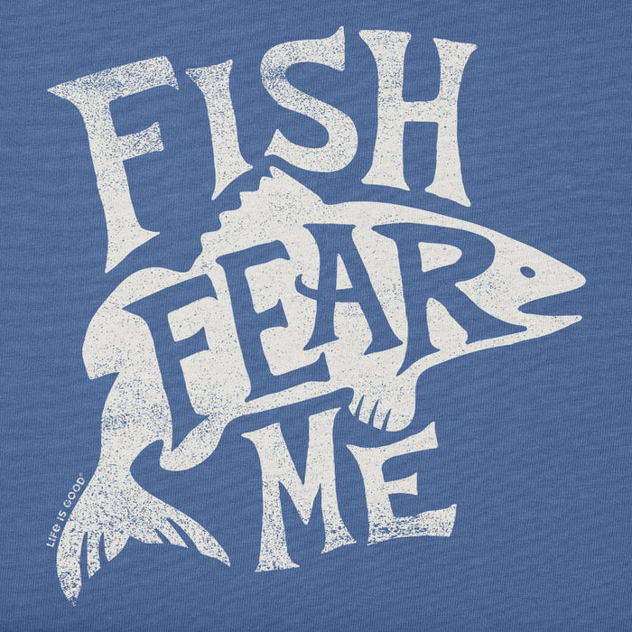 Life Is Good Blue t-shirt with 'Fish Fear Me' text and fish graphic