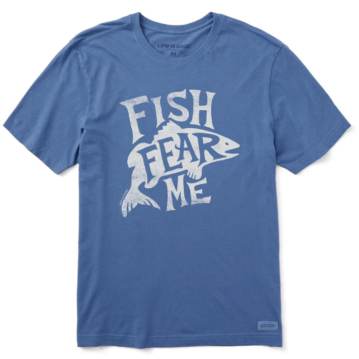 Life Is Good Blue t-shirt with 'Fish Fear Me' graphic design on a white background