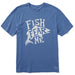 Life Is Good Blue t-shirt with 'Fish Fear Me' graphic design on a white background