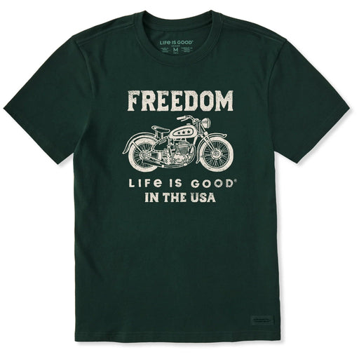 Green t-shirt with motorcycle graphic and text on a white background