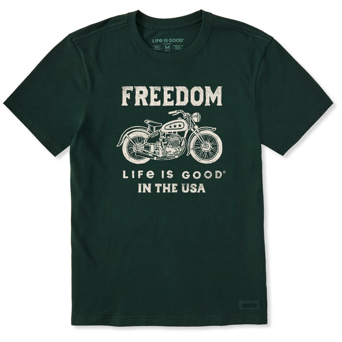 Green t-shirt with motorcycle graphic and text on a white background