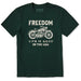 Green t-shirt with motorcycle graphic and text on a white background
