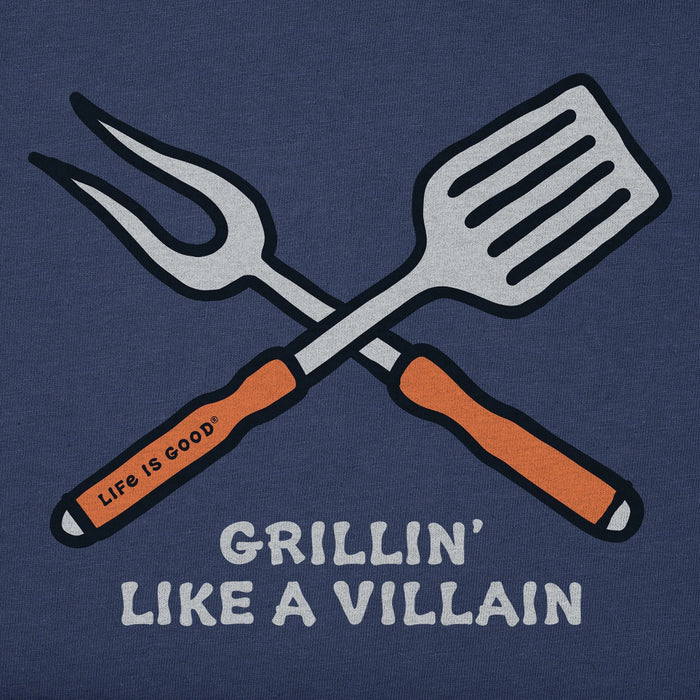 Crossed grill fork and spatula with 'Life is Good' branding, featuring the text 'Grillin' Like a Villain'.