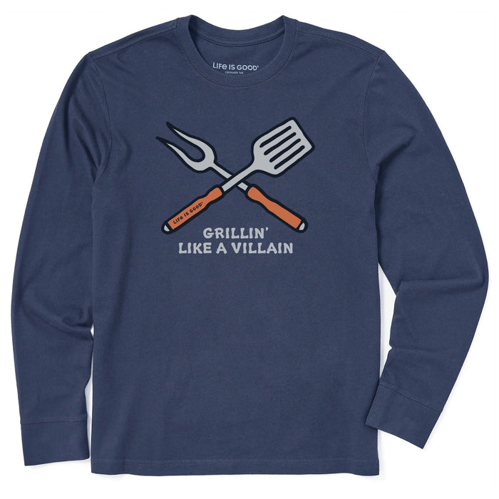 Navy long-sleeve shirt with grill tool graphic and 'Grillin' Like a Villain' text on a white background