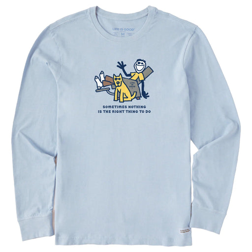 Light blue long-sleeve shirt with graphic design and text on a white background
