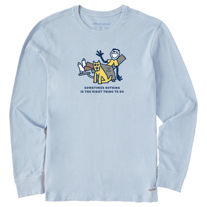 Light blue long-sleeve shirt with graphic design and text on a white background