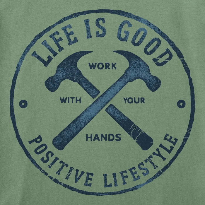 Green t-shirt with blue graphic and text 'Life is Good, Work with Your Hands, Positive Lifestyle'