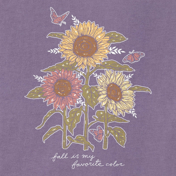 Illustration of sunflowers and butterflies on a purple background with 'fall is my favorite color' text.