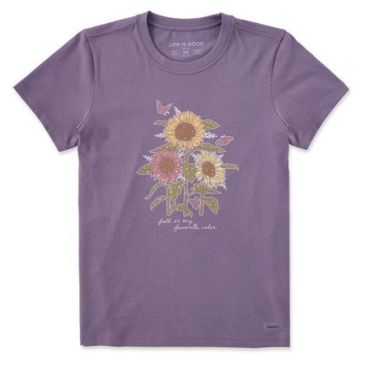 Purple t-shirt with floral design and 'Life is Good' branding on a white background