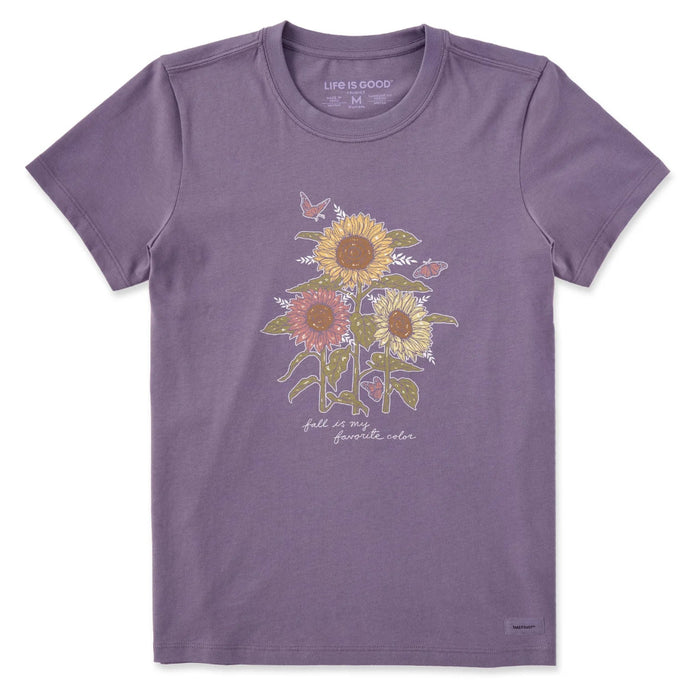Purple t-shirt with floral design and 'Life is Good' branding on a white background
