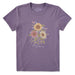 Purple t-shirt with floral design and 'Life is Good' branding on a white background