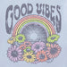 Design with 'Good Vibes' text, rainbow, and flowers on a light blue background