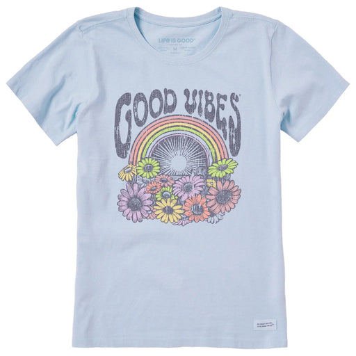 Light blue t-shirt with 'Good Vibes' graphic featuring a rainbow and flowers on a white background.