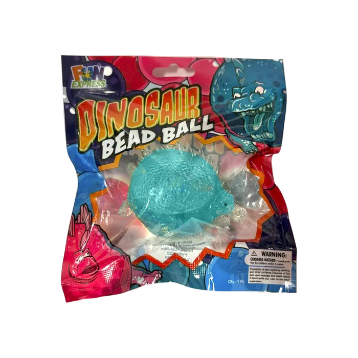 Packaged dinosaur bead ball with colorful design on a white background