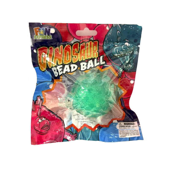 Packaged dinosaur bead ball with colorful design on a white background