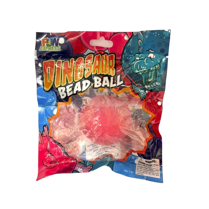 Packaged dinosaur bead ball with colorful design on a white background