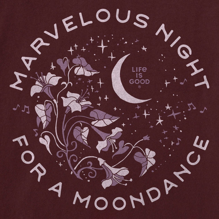 Life is Good t-shirt with floral design and 'Marvelous Night for a Moondance' text on a maroon background.