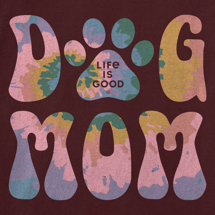 Text 'D-G MOM' with colorful paw prints and 'Life is Good' on a maroon background