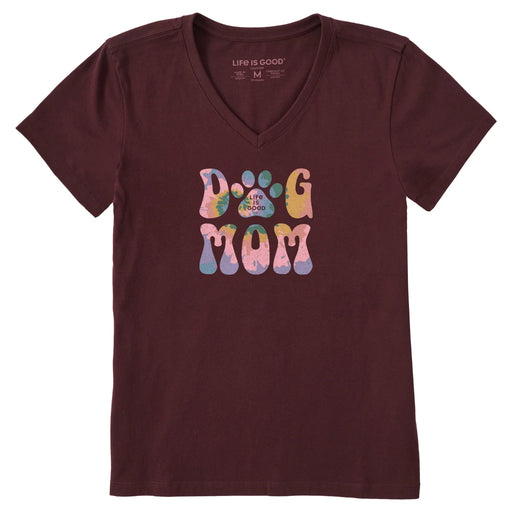 Maroon t-shirt with 'Dog Mom' graphic and 'Life is Good' branding on a white background