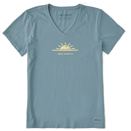 Blue t-shirt with yellow graphic and text on a white background