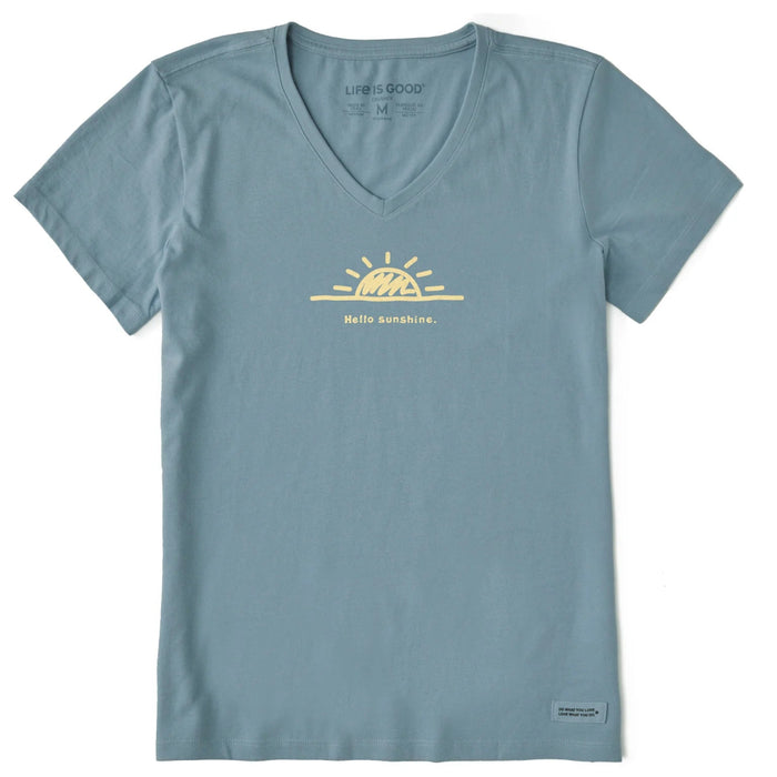 Blue t-shirt with yellow graphic and text on a white background