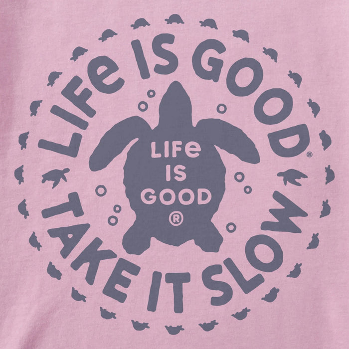 Pink t-shirt with 'Life is Good' turtle graphic and text