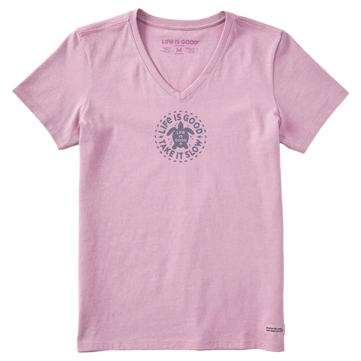 Pink t-shirt with 'Life is Good' logo on a white background