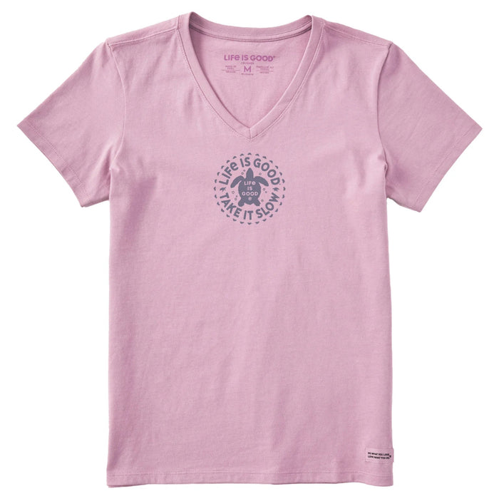 Pink t-shirt with 'Life is Good' logo on a white background