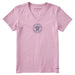 Pink t-shirt with 'Life is Good' logo on a white background
