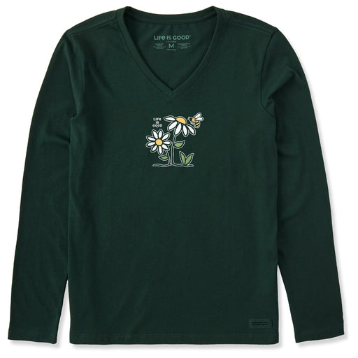 Green long-sleeve shirt with floral design and 'Life is Good' branding on a white background