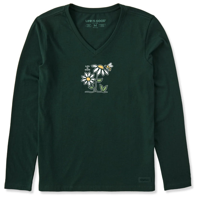Green long-sleeve shirt with floral design and 'Life is Good' branding on a white background