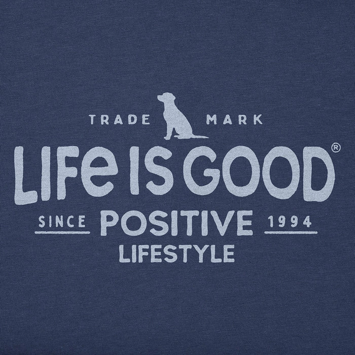 Close-up of Life Is Good Positive Lifestyle logo with dog silhouette and positive message.