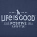 Close-up of Life Is Good Positive Lifestyle logo with dog silhouette and positive message.