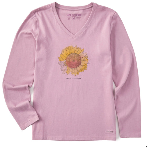 Pink long-sleeve shirt with sunflower graphic and 'Life is Good' branding on a white background