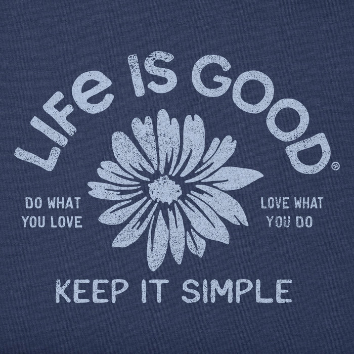 Navy blue t-shirt with 'Life is Good' slogan and flower graphic