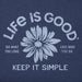Navy blue t-shirt with 'Life is Good' slogan and flower graphic