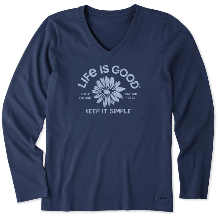 Navy blue long-sleeve shirt with 'Life is Good' graphic on a white background