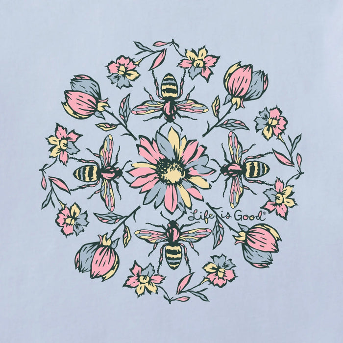Decorative design with bees and flowers on a light blue background, featuring 'Life is Good' text.