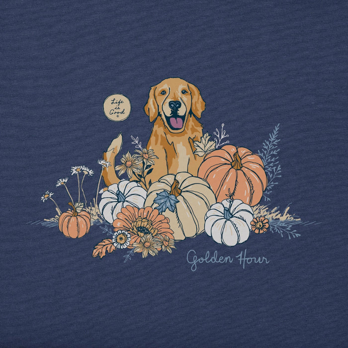 Navy blue shirt with a golden retriever and autumn elements design.