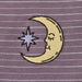 Embroidered design of a half-moon with a star on a striped purple background