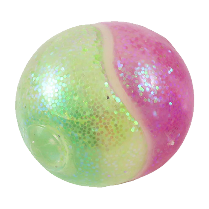 Two-tone glittery ball, one green and one pink, on a white background
