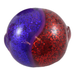 Colorful marbled object with blue and red speckles on a white background