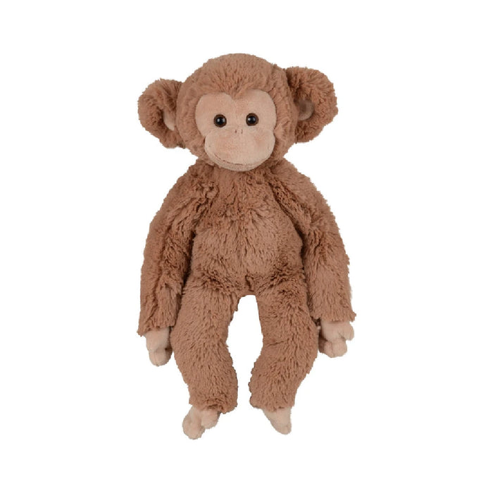 A plush monkey toy positioned on a white backdrop.