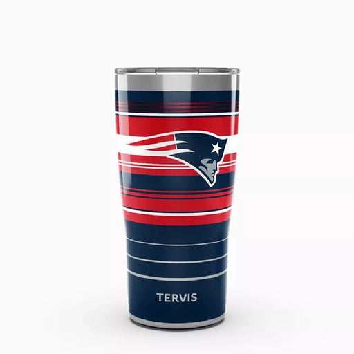 A New England Patriots tumbler featuring the team's logo prominently displayed on its surface.