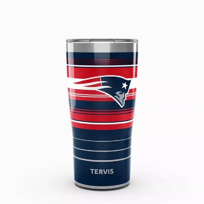 A New England Patriots tumbler featuring the team's logo prominently displayed on its surface.