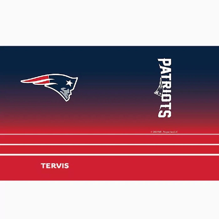 A New England Patriots tumbler is showcased, highlighting the team's emblem and colors.