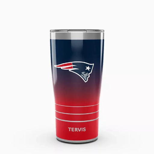 New England Patriots tumbler displayed, featuring team colors and logo prominently on the surface.