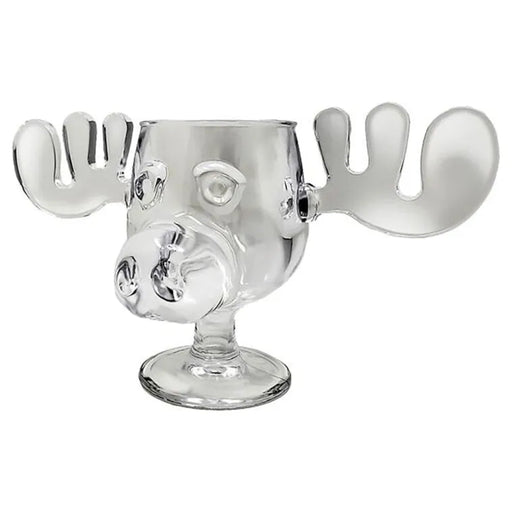 Clear glass reindeer-shaped drinkware on a white background