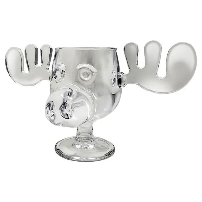 Clear glass reindeer-shaped drinkware on a white background