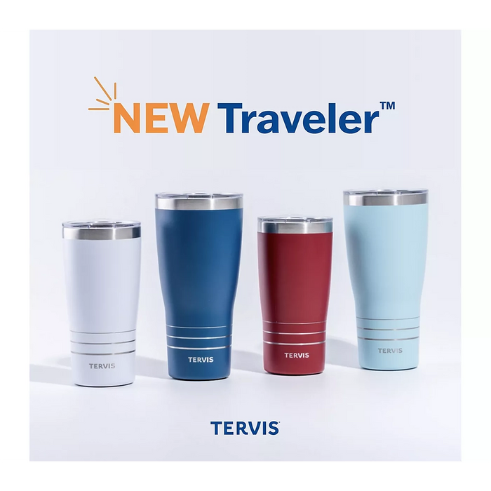 Assorted Tervis Traveler tumblers in various colors and sizes.